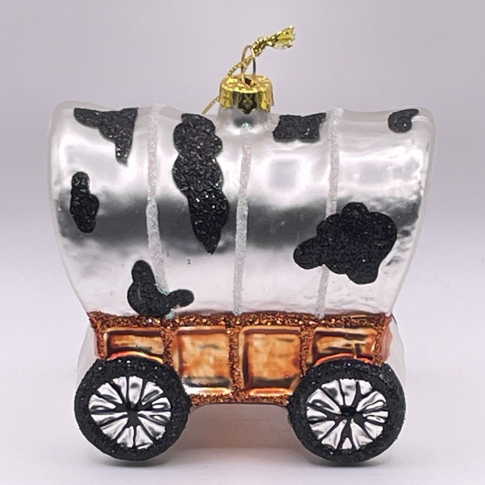 Sterling Cow Print Covered Wagon Glass Christmas Ornament Western Glitter 3.5"